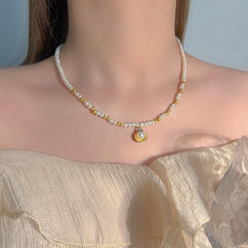 s925 pure silver round Shijia pearl necklace, fashionable and versatile, elegant collarbone chain, individual, simple and high-end necklace details Picture