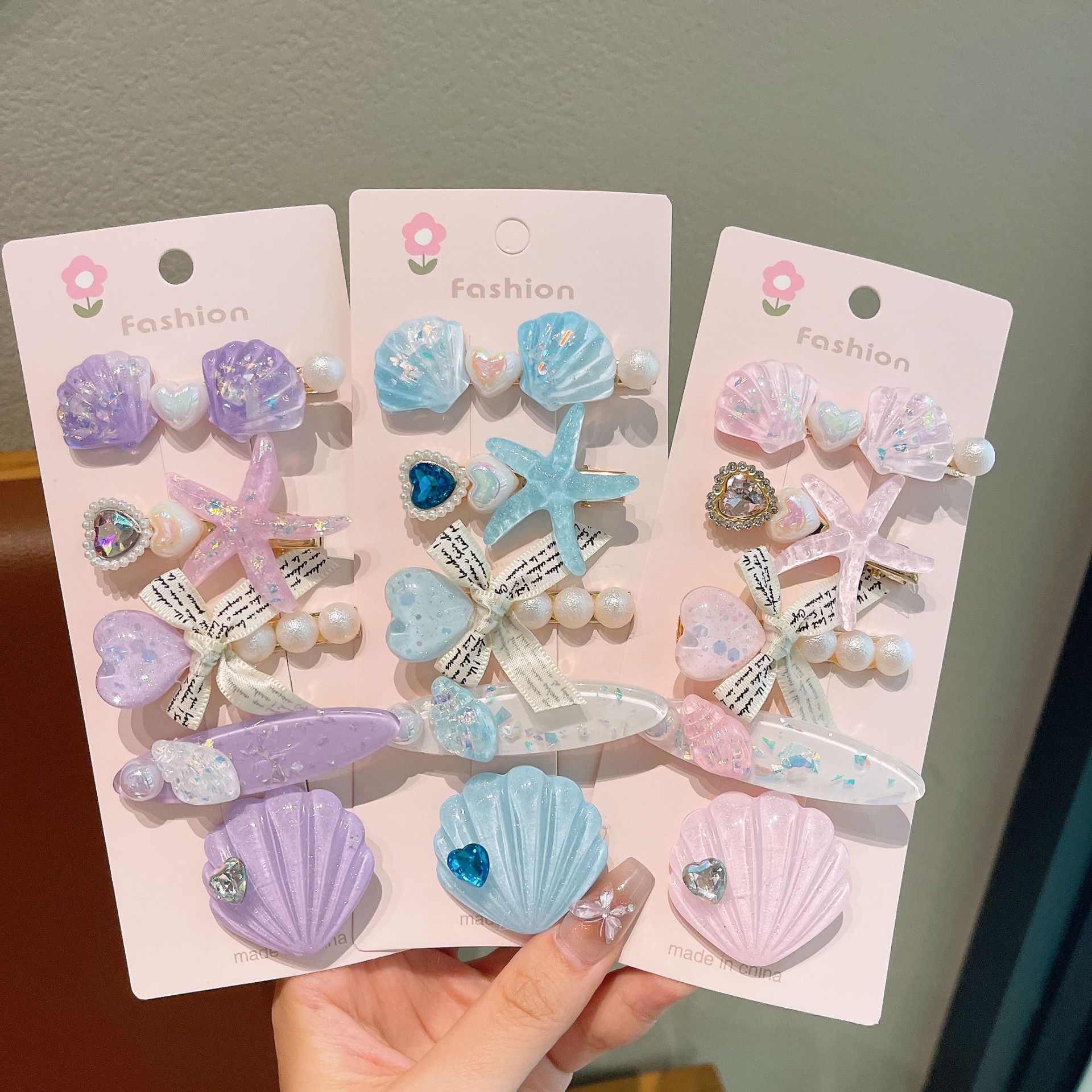 Summer new ocean shell starfish hair clips, diamond-encrusted super sparkling edge clips, elegant bangs clips, hair accessories, headwear, duckbillon clips full figure