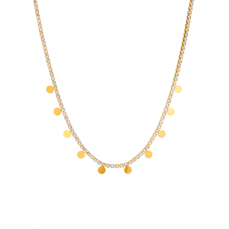 A fashionable, light luxury and high-end diamond-encrusted chain, smooth round piece pendant, titanium steel collarbone chain necklace that does not fade Item Picture