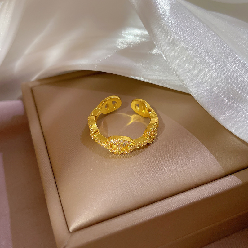 【 Real Gold 】 Diamond-encrusted pig nose opening ring for women, Japanese and Korean niche simple design index finger ring, Internet celebrity Specification drawing