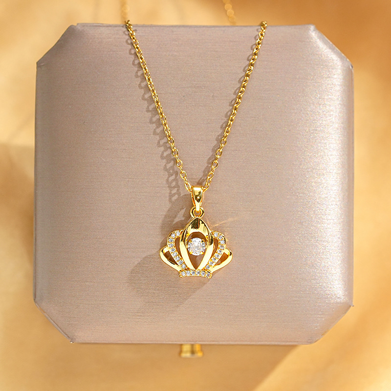 European and American style fashionable crown dynamic titanium steel necklace, women's micro-inlaid zircon pendant, internet-famous high-end jewelry wholesale Specification drawing