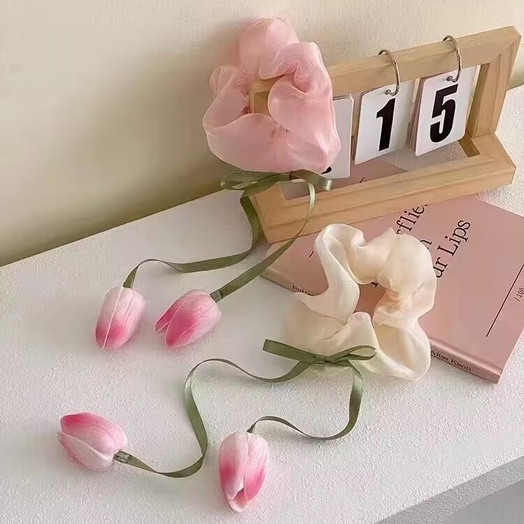 Gentle and sweet tulip flower large intestine hair band, women's niche design sense, bun hairstyle, hair tie, Korean-style hair accessory full figure