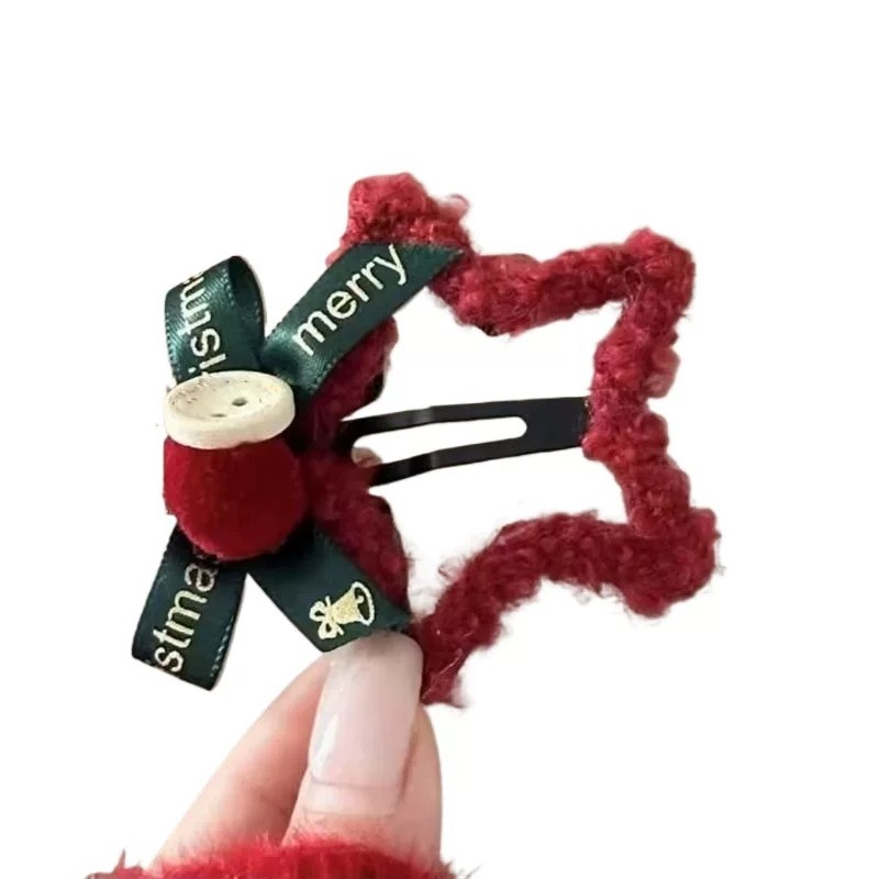 New Year's red plush star hair clips, bow bangs, BB clips, side hair clips, hairpins, Christmas headwear, hair accessories Item Picture