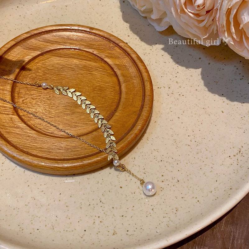 Japanese and Korean style wheat ear pearl necklace, ins fashion, retro, versatile, light luxury collarbone chain, personalized and trendy pendant accessory Specification drawing