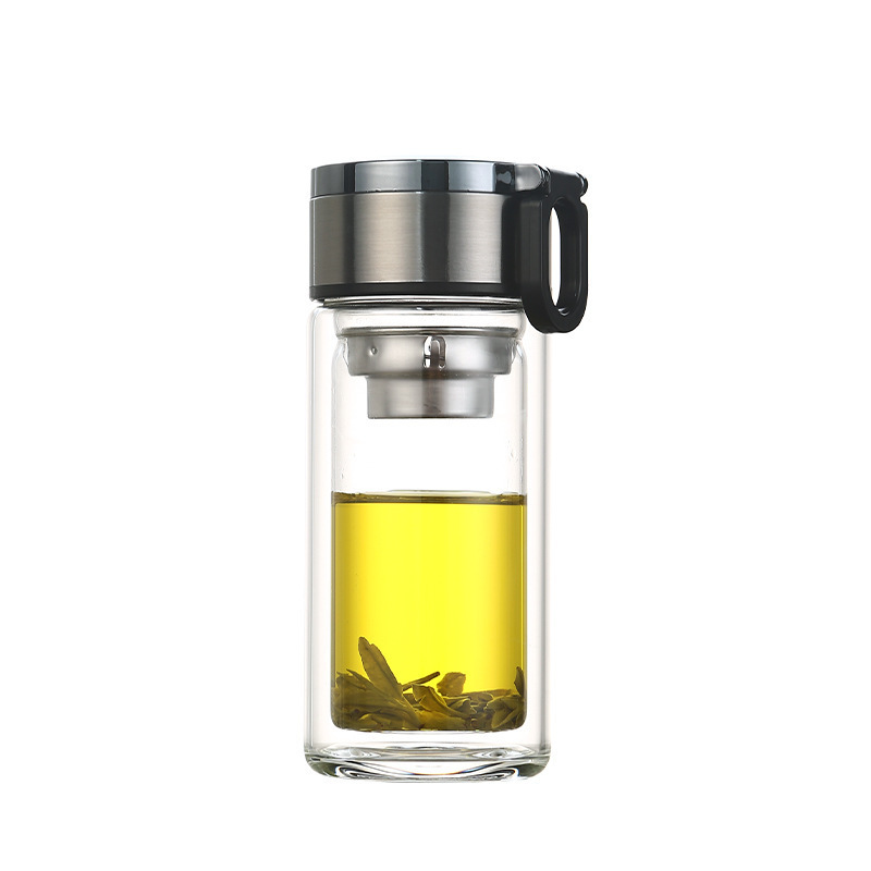 The tea water separation cup with a lifting ring, high-temperature resistant tea brewing water cup, high borosilicate double-layer glass cup, portable and printable gift cup Item Picture