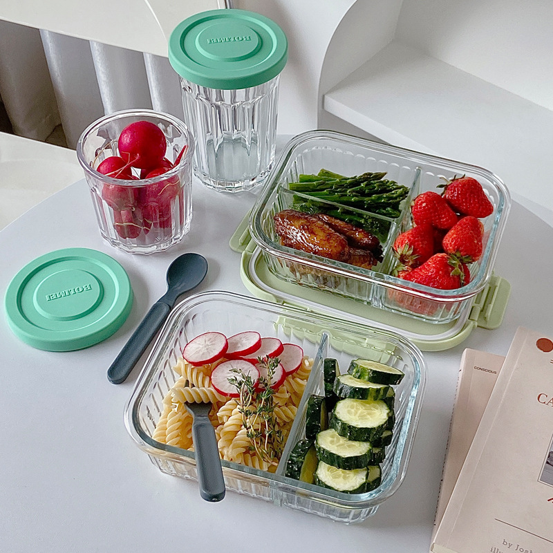 Boli Mei InS-style high borosilicate glass lunch box with divider, rice bento box, fresh-keeping bowl wholesale, microwave oven with meals details Picture