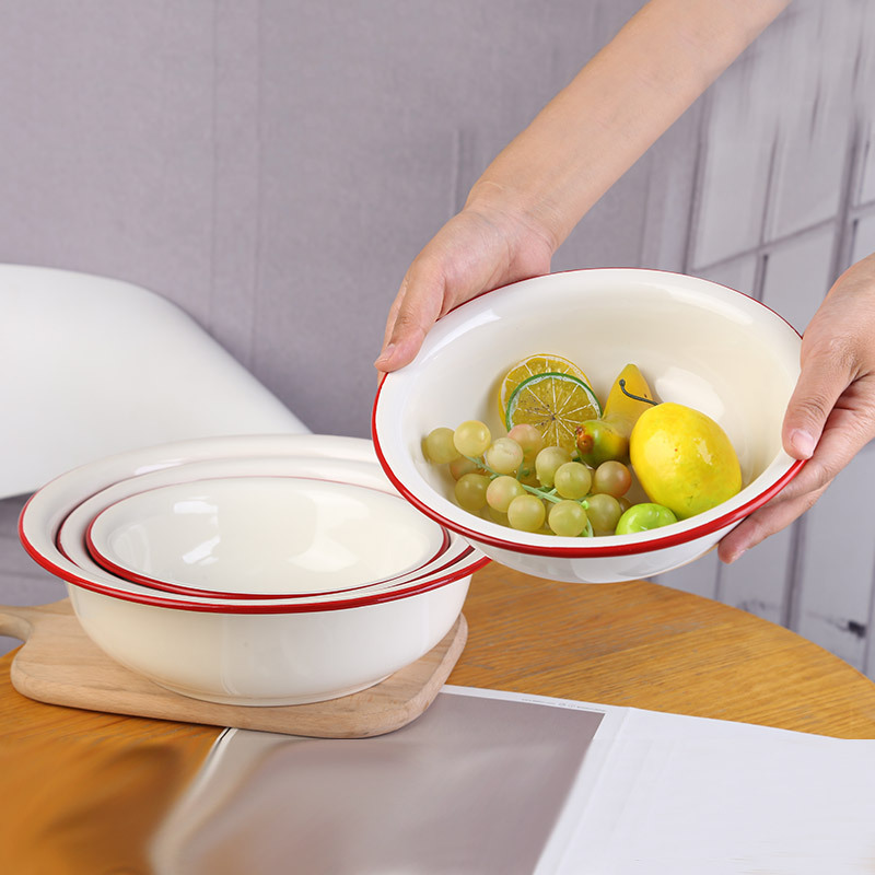 Enamel salad, enamel bowl, enamel rice bowl, old-fashioned bowl, soup bowl, soup basin, solid-color enamel vegetable basin, rolled-edge basin full figure