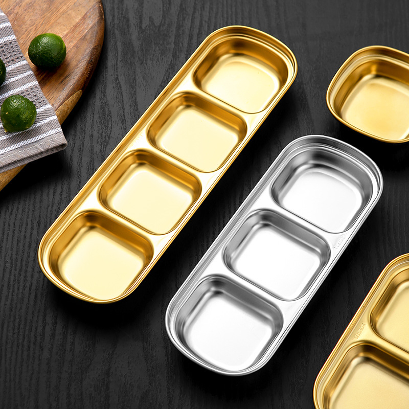 304 stainless steel Korean sauce plate, thickened seasoning plate, barbecue dipping sauce plate, golden grid plate, home hot pot flavor plate Application Scenario