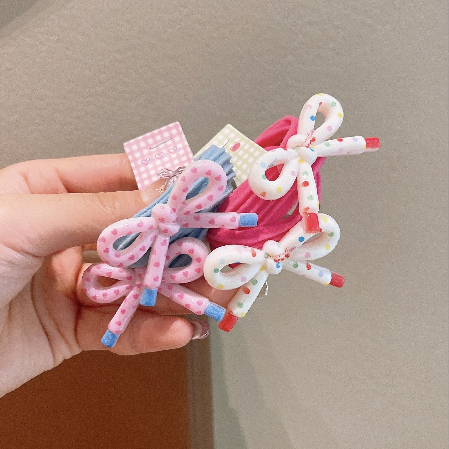 Korean-style children's cream candy-colored basic printed resin bow hair band, solid color hair tie for girls and parents Specification drawing