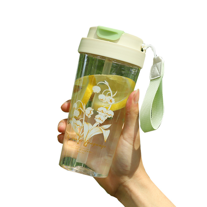 High appearance level student water cup, lily of the valley coffee cup, carrying rope plastic cup, summer double-drinking cup gift wholesale Item Picture