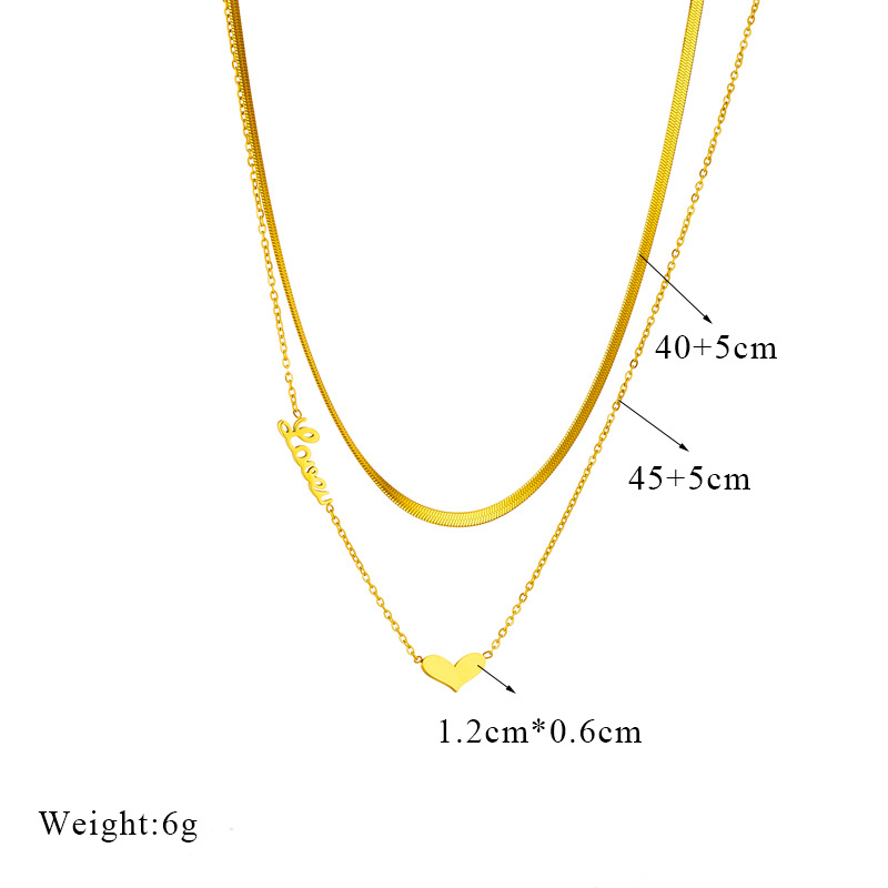 Korean-style fashionable and niche design double-layer overlapping snake bone chain heart-shaped letter pendant chain titanium steel jewelry necklace Item Picture