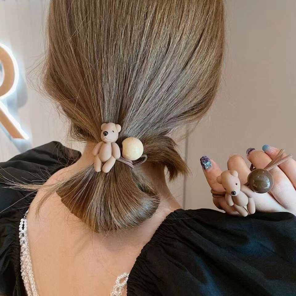 Milk coffee style 5-piece bear hair tie 2022 leather band women's hair tie appearance level hair band Bow hair tie hair band Specification drawing