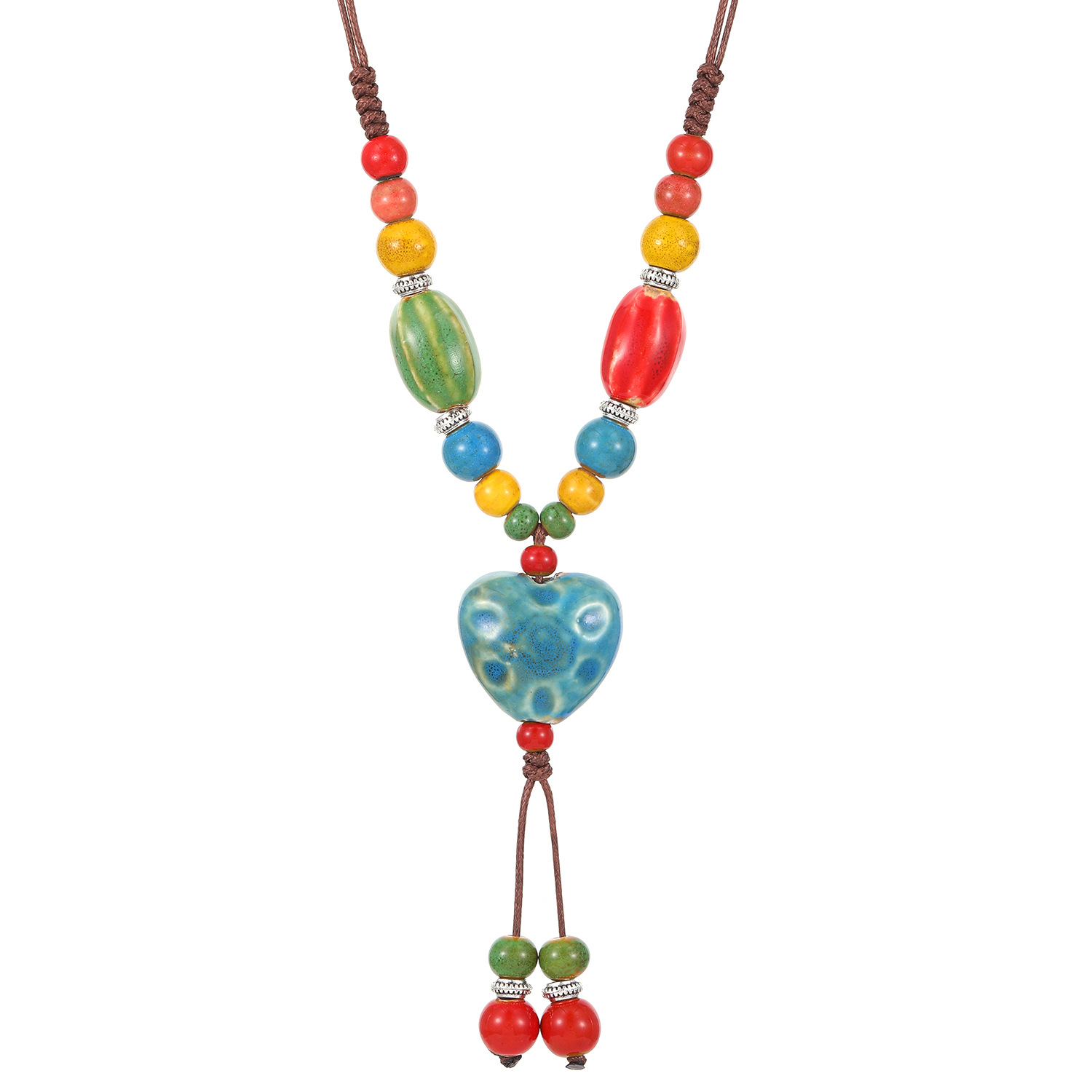 Retro ethnic style hand-woven long sweater chain, ceramic heart-shaped necklace, women's heart-shaped bracelet, jewelry and accessories Item Picture