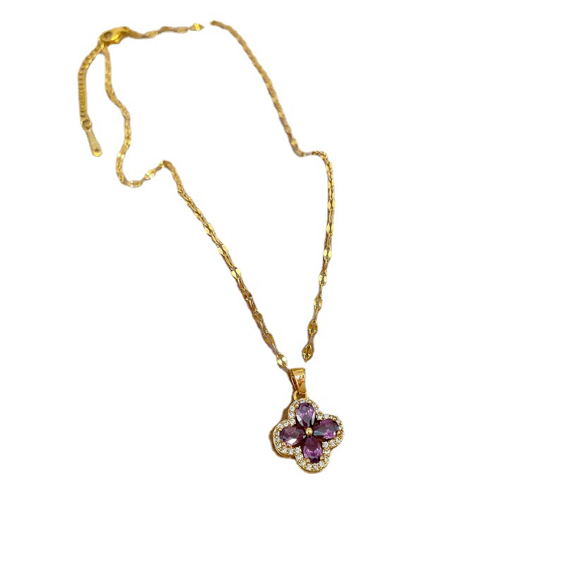 【 Titanium Steel 】 New niche design style slightly inlaid zircon amethyst four-leaf flower pendant Titanium steel collarbone chain jewelry Item Picture