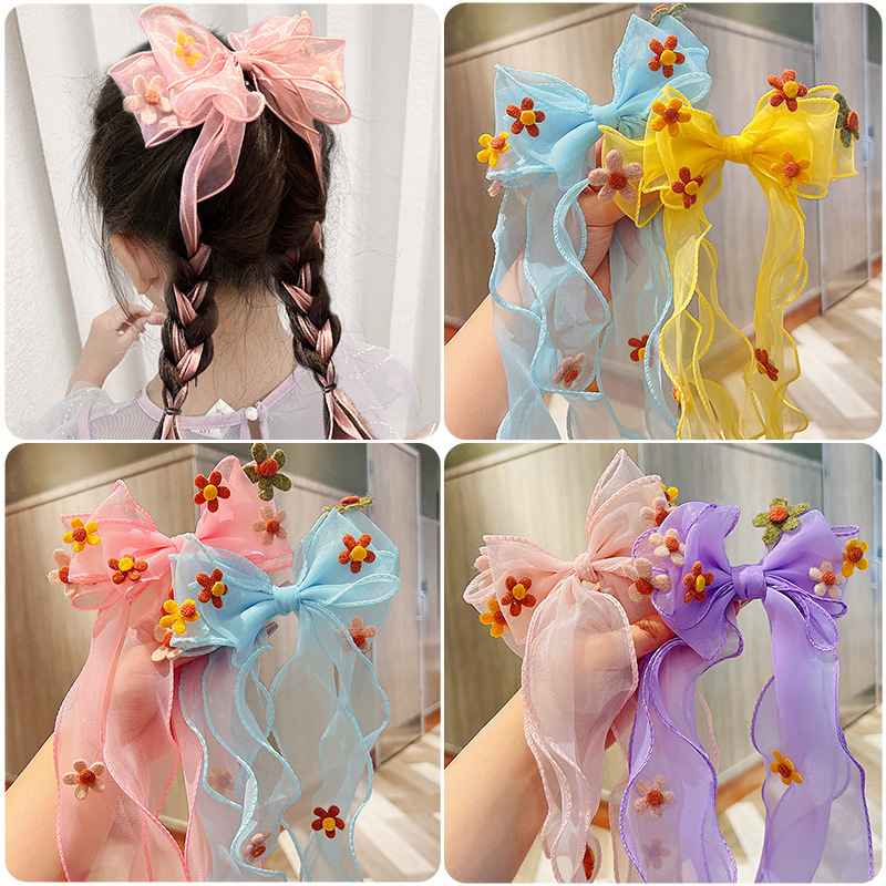 Children's hair accessories, flower bows, ribbon hair clips, girls' braided hair nets, gauze hair clips, princess summer super fairy-like hair bands for girls full figure
