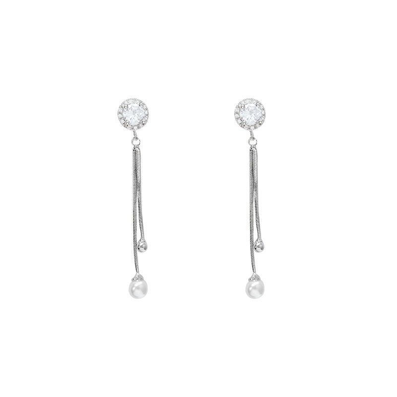Exquisite sparkling diamond tassel pearl earrings for women, long, individual and simple Korean style stud earrings, a pair of two-piece earrings and earrings Item Picture