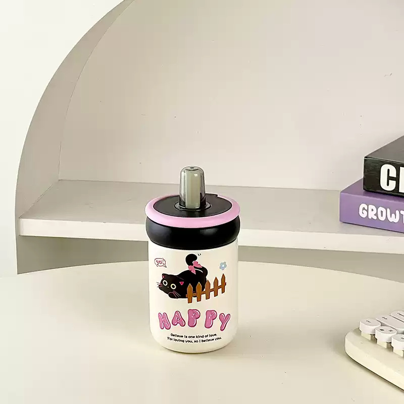 Wholesale of cute black cat insulated cups, student portable carrying ring straw cups, new high appearance level stainless steel water cups for girls details Picture