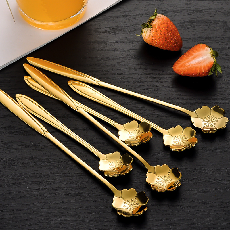 Wholesale of golden stainless steel cherry blossom coffee spoons, ice spoons, mixing spoons, glass cups, household water cups and exquisite spoons full figure