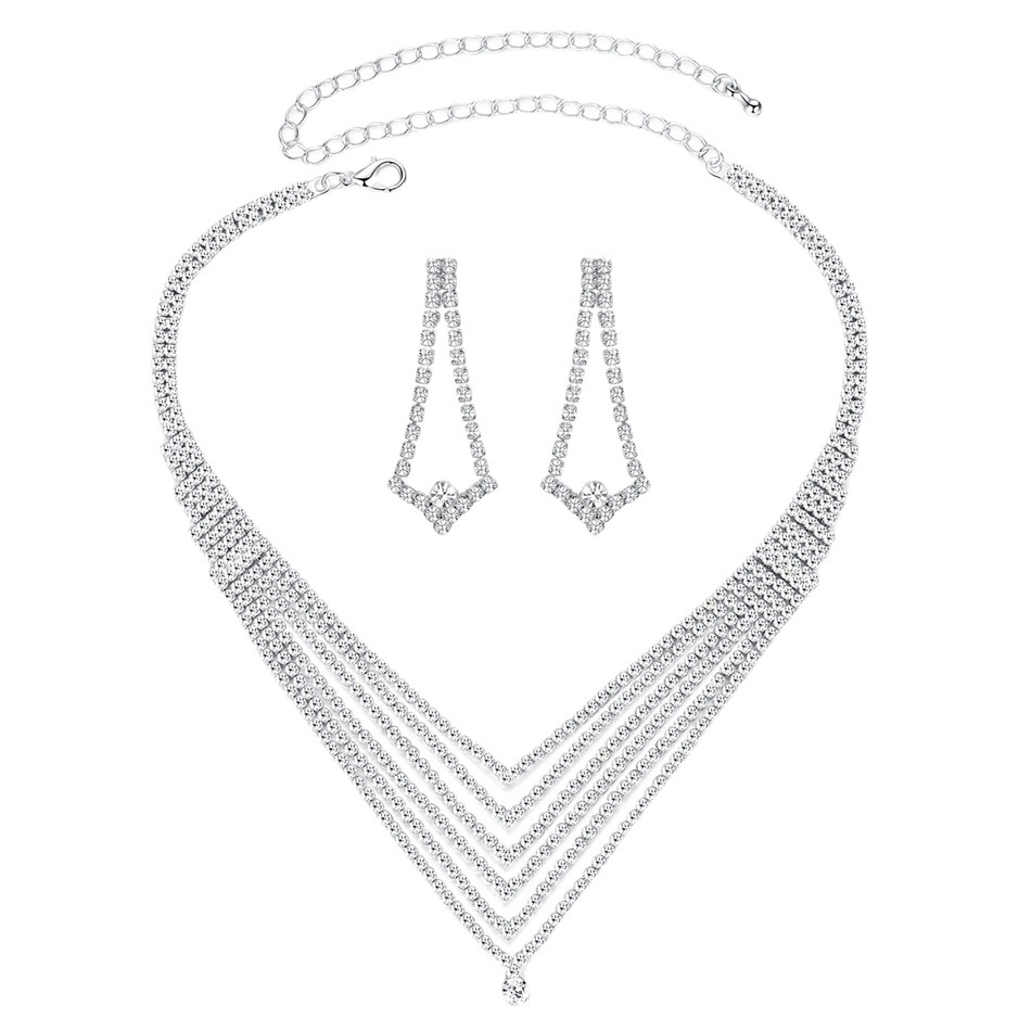 The elegant and shiny rhinestone earrings, earrings and necklace set N5420, a popular and fashionable European and American bridal accessory Item Picture