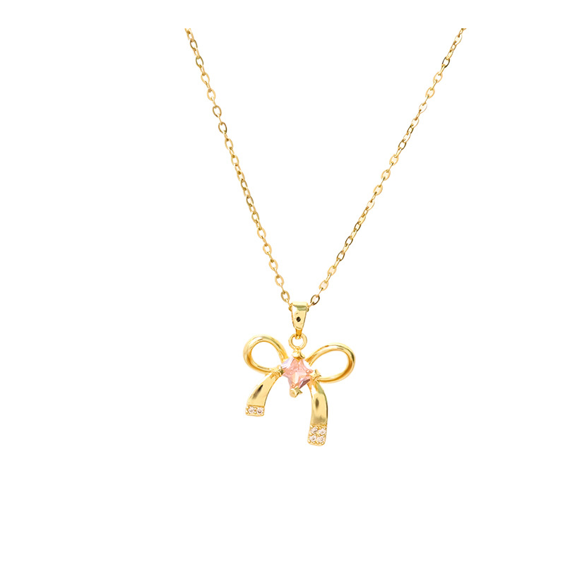 A light and luxurious pink bow titanium steel necklace, a fashionable and niche design for women, a popular collarbone accessory with a high-end feel Item Picture