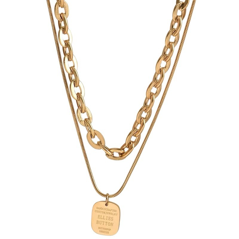 European and American cross-border personalized retro hip-hop heavy metal titanium steel double-layer chain square engraved tag thick necklace Item Picture