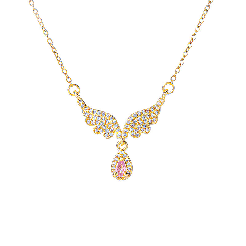 Fashionable Angel Wings Titanium steel necklace for women, set with pink teardrop zircon pendant, elegant and light luxury collarbone chain accessory Item Picture