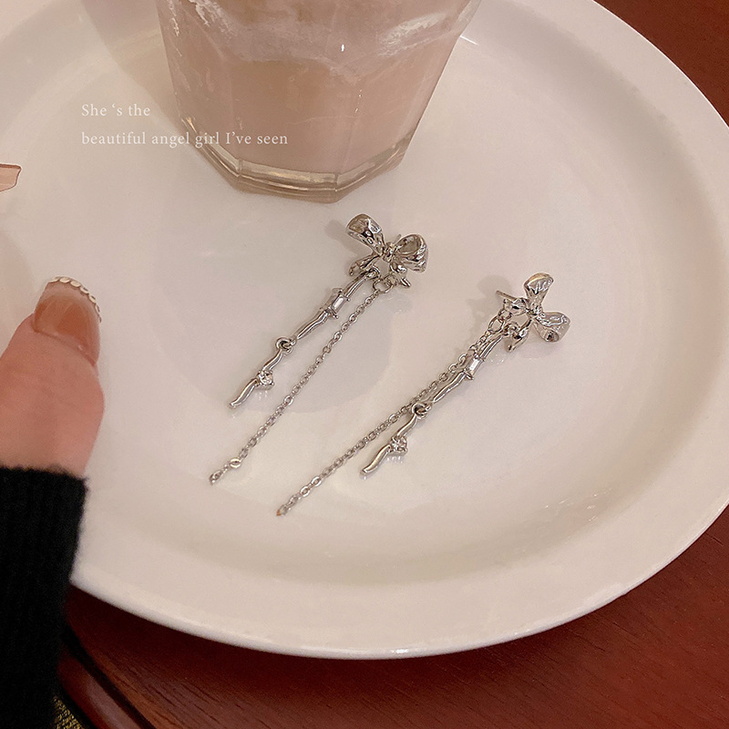 S925 Silver needle Bow Zircon tassel earrings are a light luxury and high-end design for women, versatile and elegant, and are popular online earrings details Picture