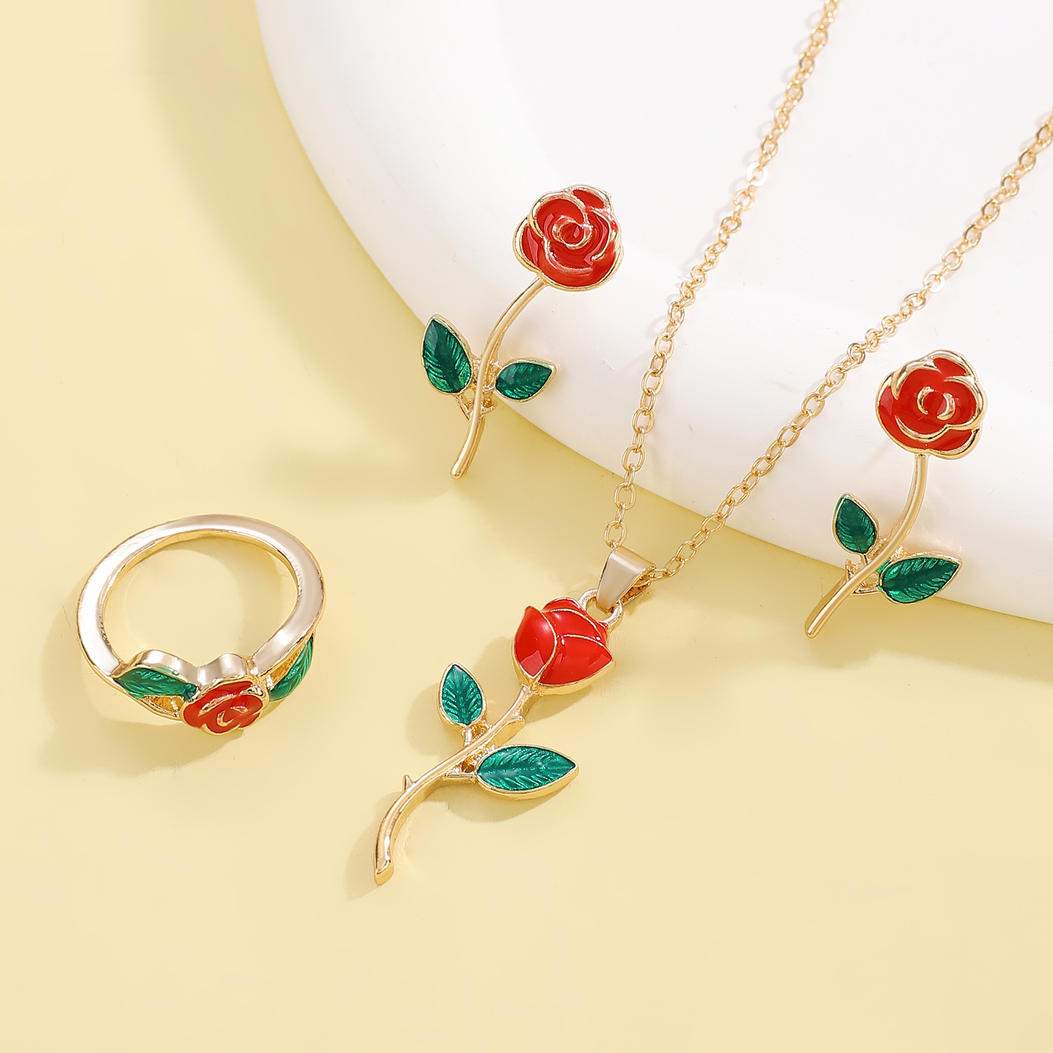 Light luxury glazed rose stud ring necklace three-piece jewelry set, women's fashionable and high-end European and American accessories details Picture