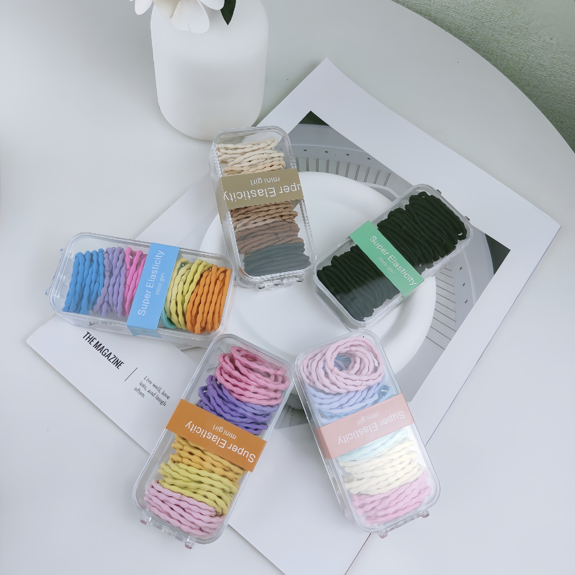 60 colorful, simple and basic bean-style smooth hair bands, high-elasticity, versatile and durable children's ponytail hair ties in a box full figure
