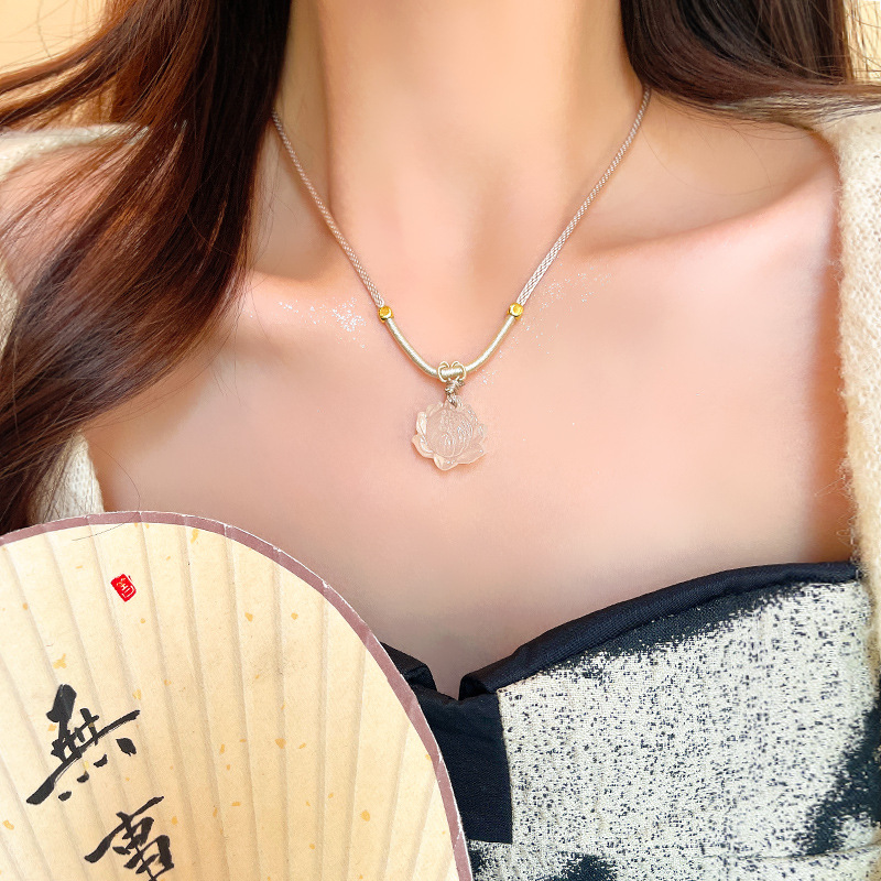 New Chinese-style anti-chalcedony lotus necklace for women, simple and Zen-inspired white lotus pendant, Chinese trend woven necklace accessory details Picture