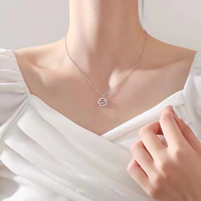 A new Japanese and Korean style smiley face planet pendant titanium steel necklace, a rare collarbone chain for women, and a high-end and versatile accessory details Picture