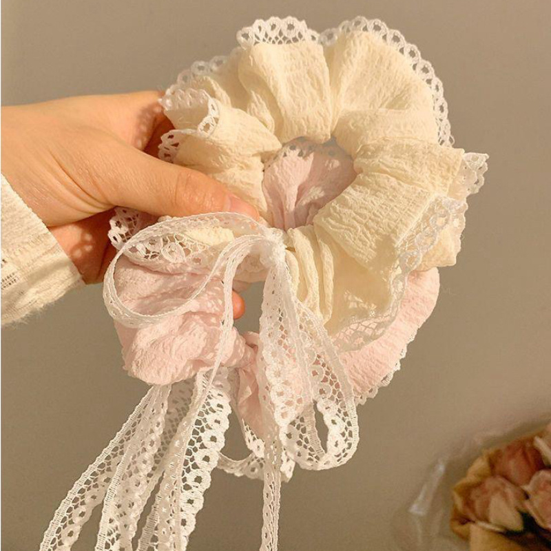 Korean-style gentle bow, large intestine hair band, high-end feminine pink ribbon, lace ribbon, hair rope, hair accessory and headwear details Picture