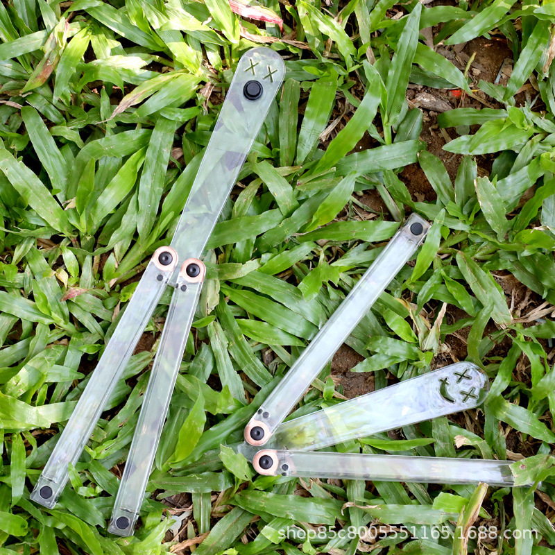 Yapi Workshop Transparent Butterfly Knife, uncut Training Knife, Folding knife, Swinging Knife, Plastic pc Squid, Smiling Clown Specification drawing