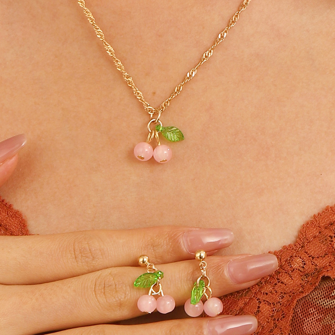 Red cherry collarbone chain earrings jewelry set, women's green leaf pink and green cherry pendant necklace earrings accessories Specification drawing