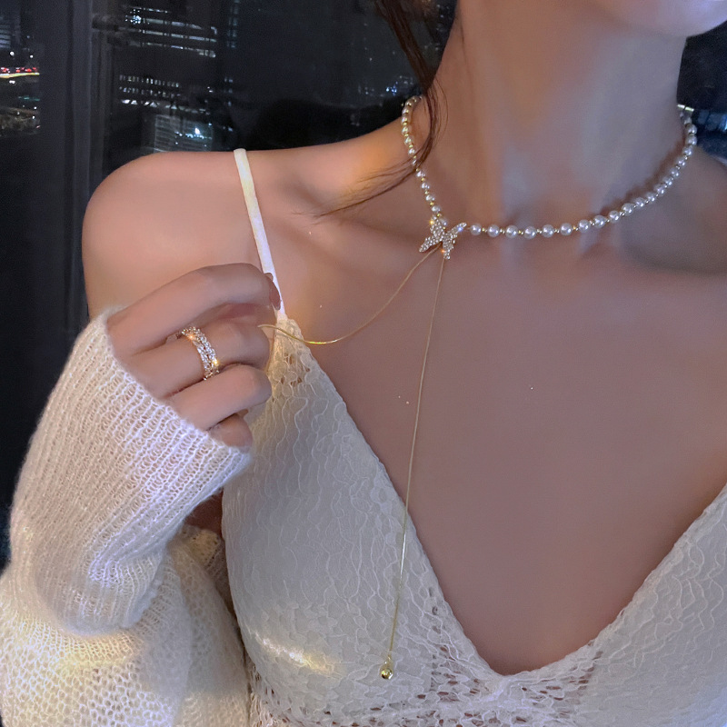 Pearl Butterfly necklace for Women, a new 2024 high-end design, niche and light luxury fringed collarbone chain necklace accessory Specification drawing