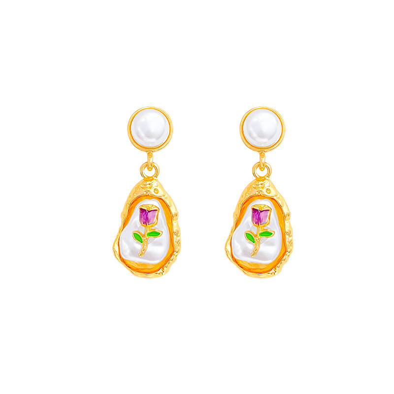 Monet's flower oil painting style Baroque pearl earrings, women's personalized retro stud earrings, 2024 best-selling high-end earrings Item Picture