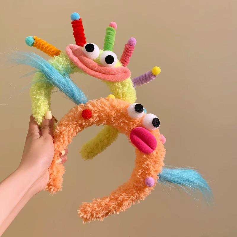 Cute monster purple plush hairband for girls, cute and fluffy, funny and funny, explosive hair for washing face, makeup, hairpin, headband and hair accessory full figure