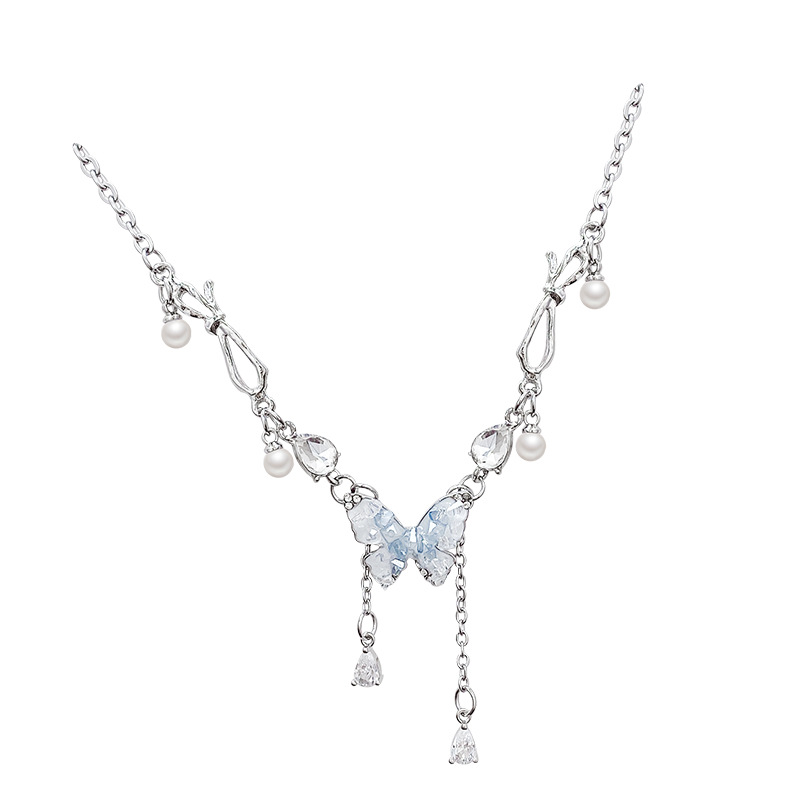 Blue crystal butterfly tassel pearl necklace, women's light luxury high-end collarbone chain, light luxury niche hot girl necklace accessory Item Picture