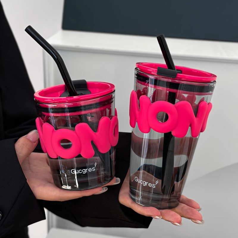 Thickened creative Ins-style letter coffee drink juice milk advertising gift water cup, popular online celebrity glass straw cup full figure