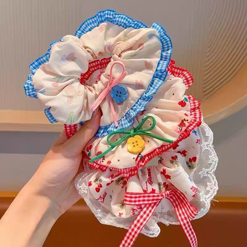 Cherry Bear! Forest-themed flower button lace edge large intestine hair band handmade hair accessory, red hair rope headwear hair accessory details Picture