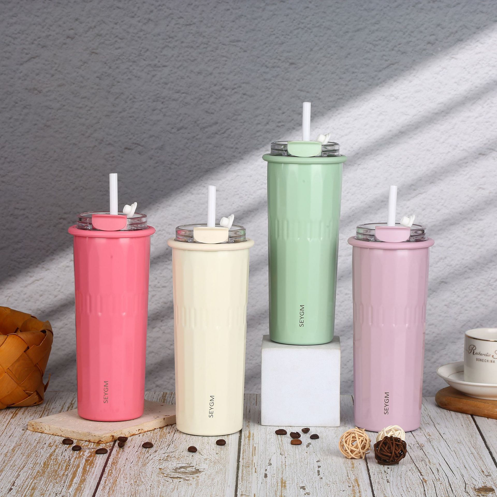 New double-drink coffee cup, large-capacity 304 stainless steel convenient straw insulated cup, high appearance level business gift cup full figure
