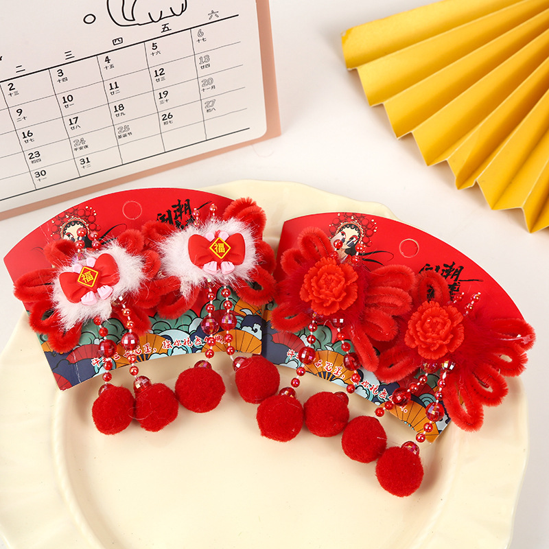 Children's New Year headwear, Chinese-style girls' Hanfu hair clips, mink hair ancient-style tassel hair clips, baby New Year hair accessories details Picture