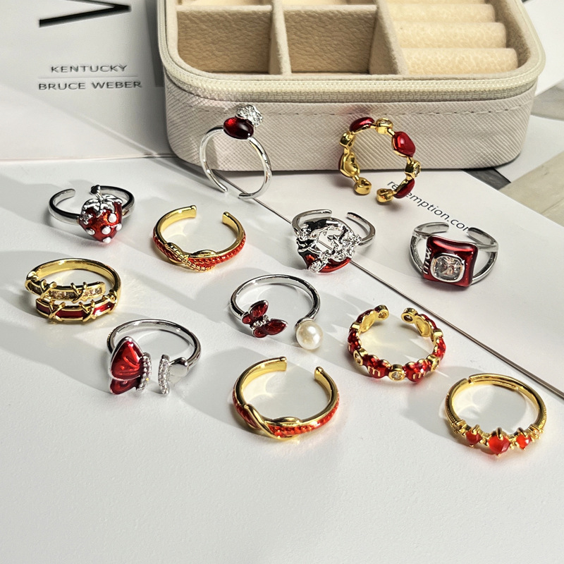 Sweet and cool Angolan red drip glaze fashionable open ring for women, exquisite and unique design, cold style ring for the zodiac year details Picture