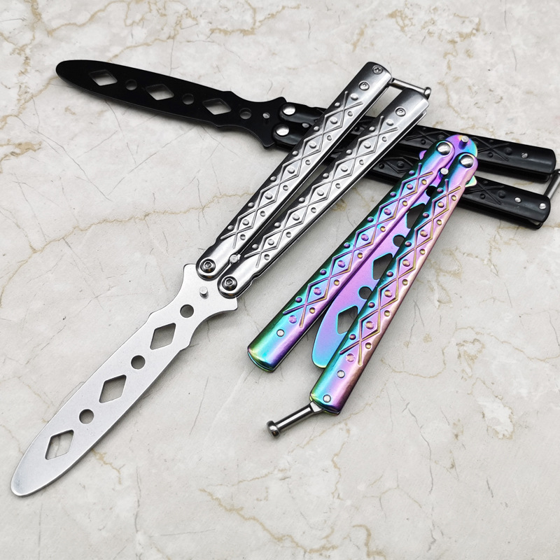 Novice butterfly knife practice knife, stainless steel ornamental knife, no sharp edge, portable, reversible and deformable outdoor equipment Specification drawing