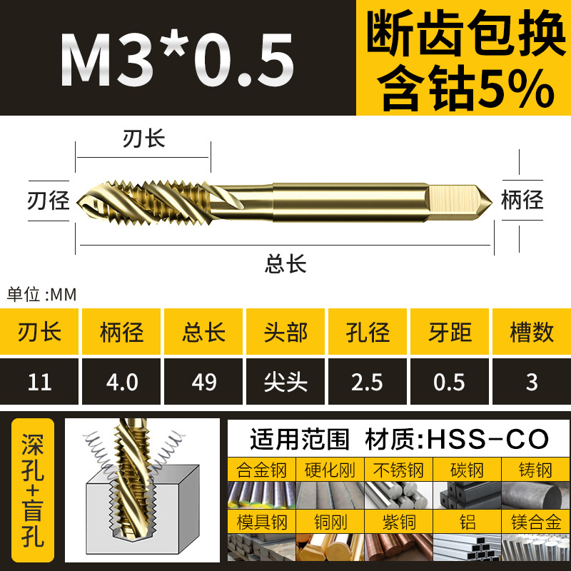 Machine tap, stainless steel special M35 cobalt-containing end tap, spiral thread tapping, straight groove tapping undefined