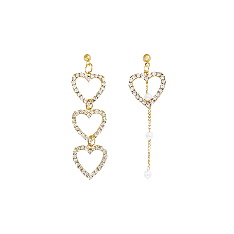 Super sparkling full diamonds, asymmetrical heart-shaped tassel stud earrings, long and elegant pearl earrings, a sweet and light luxury accessory for women Item Picture