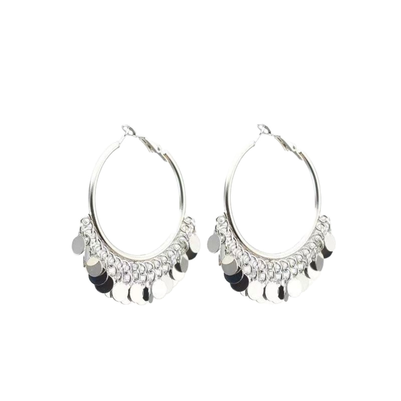 Silver sparkling sequined tassel earrings for women, a new 2025 bestseller, fashionable and elegant, small circular earrings that accentuate the face Item Picture