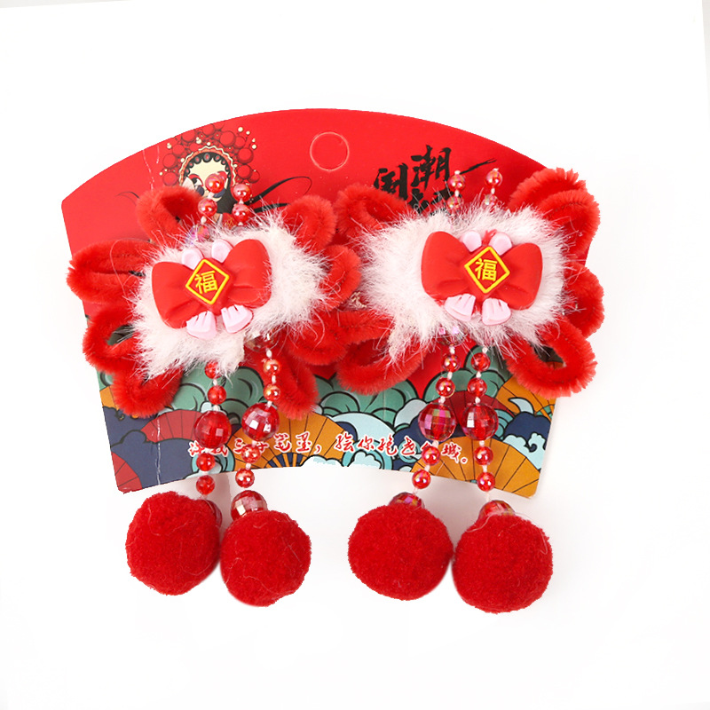 Children's New Year headwear, Chinese-style girls' Hanfu hair clips, mink hair ancient-style tassel hair clips, baby New Year hair accessories Item Picture