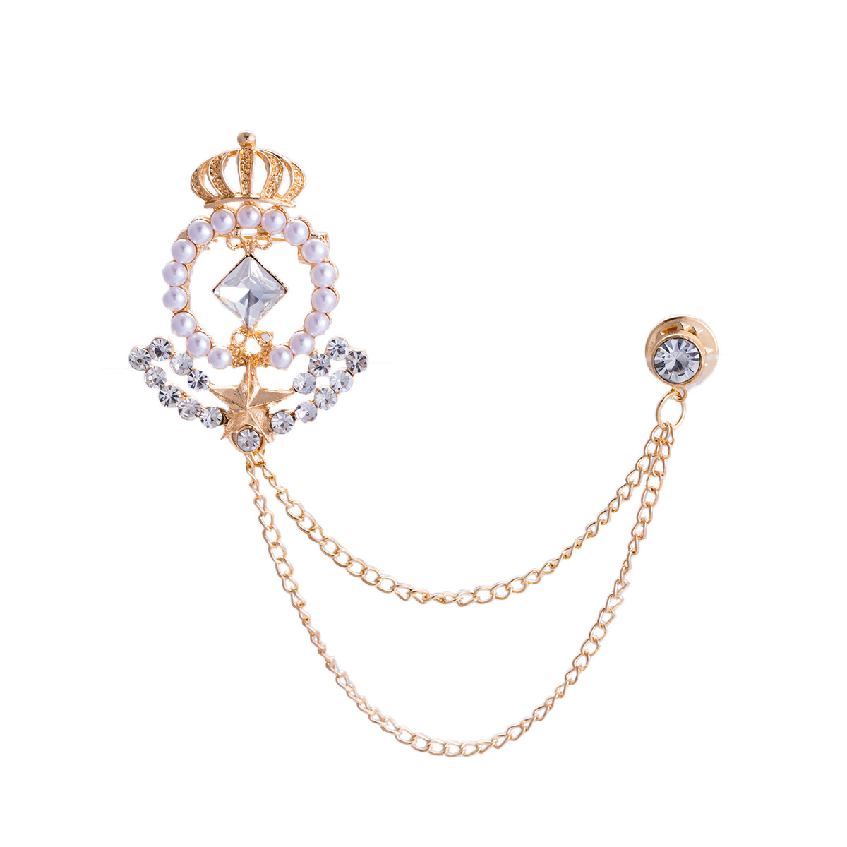 Korean-style retro crown pearl inlaid with classical style alloy brooch, light luxury tassel pearl clothing collar pin accessory Item Picture