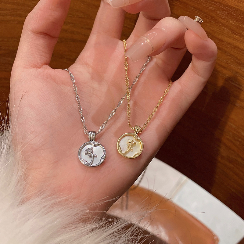French rose round mother-of-pearl necklace for women, trendy, light luxury, niche style, versatile collarbone chain necklace accessory Specification drawing